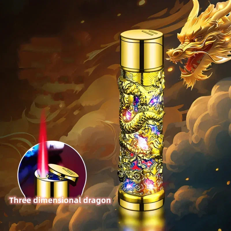 2024 Metal 3D Relief Dragon Lighter Windproof Butane Turbo Red Flame Portable Lighter Cigarette Accessories Trendy Men's Gift